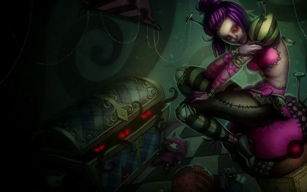 HD PC desktop wallpaper featuring Orianna from the video game League of Legends in a dark, eerie setting with glowing red eyes on a mechanical chest.