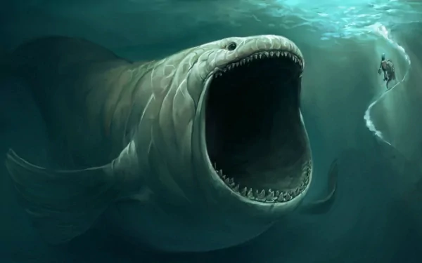 A gigantic sea monster looms underwater, its massive mouth open wide. A diver explores the depths, creating a captivating fantasy scene in this HD desktop wallpaper and background.