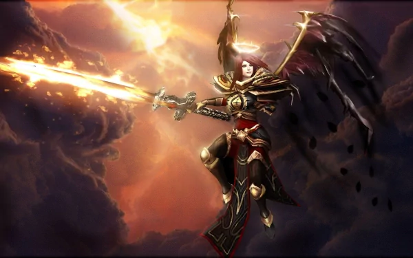 An HD desktop wallpaper featuring Kayle from League of Legends, depicted wielding a flaming sword against a dramatic sky, embodying power and celestial themes.