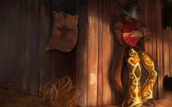 Twisted Fate (League of Legends) leans against a wooden wall, clutching red cards beside rope and a wanted poster — 2K Quad HD PC desktop wallpaper background, video game art.