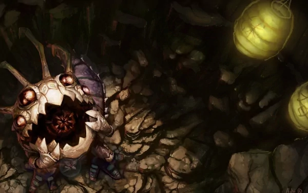 HD wallpaper featuring Kog'Maw from League of Legends in a dark, cavernous setting of The Void, illuminated by eerie hanging lanterns.