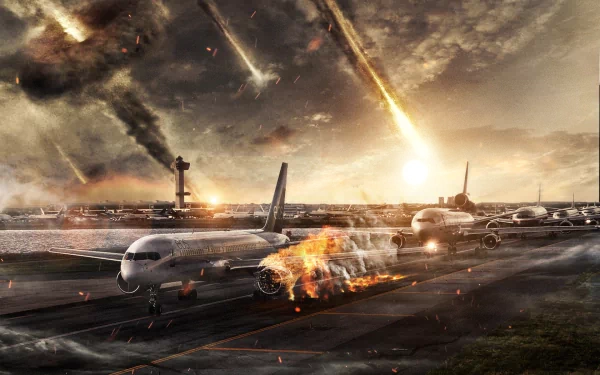 A dramatic HD wallpaper from a 2012 movie, featuring an airport scene with planes amidst explosions and meteors against a stormy sky.