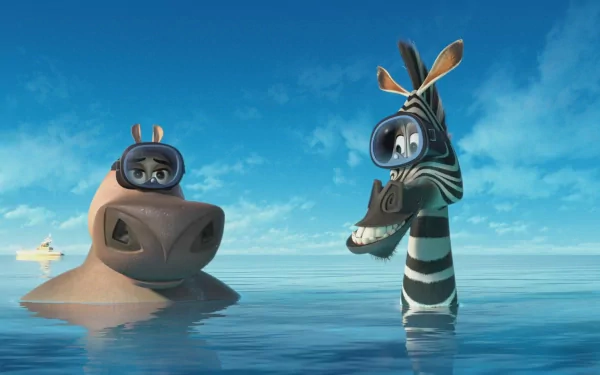 HD PC desktop wallpaper featuring animated characters Gloria the hippo and Marty the zebra from the movie Madagascar 3: Europe's Most Wanted, floating in calm blue water.