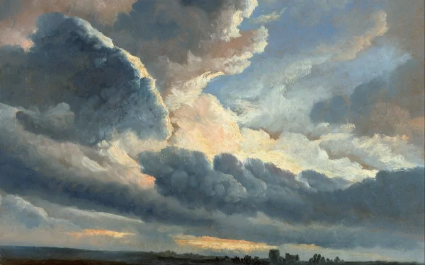 Artistic 5K Ultra HD PC desktop wallpaper and background of dramatic, painterly clouds glowing at sunset above a low, distant landscape.