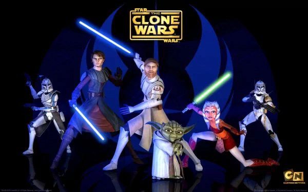A dynamic scene from *Star Wars: The Clone Wars*, featuring Anakin Skywalker, Ahsoka Tano, Yoda, Commander Cody, Captain Rex, and others wielding lightsabers. Vibrant HD wallpaper.