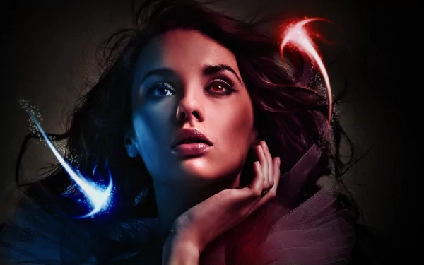 An artistic 3D depiction of a woman with curly hair, resting her hand on her face, enhanced by vibrant blue and red accents against a dark background. HD PC desktop wallpaper.