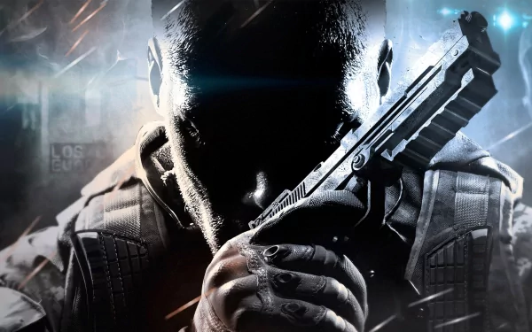 An HD desktop wallpaper featuring a character from Call of Duty: Black Ops II, poised with a handgun against a dramatic background, capturing the game's intense atmosphere.