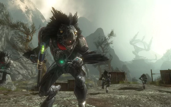 4K Ultra HD PC desktop wallpaper from the video game Halo: Reach — armored Covenant Elites sprint across a misty battlefield toward distant Spartans and ruined structures.