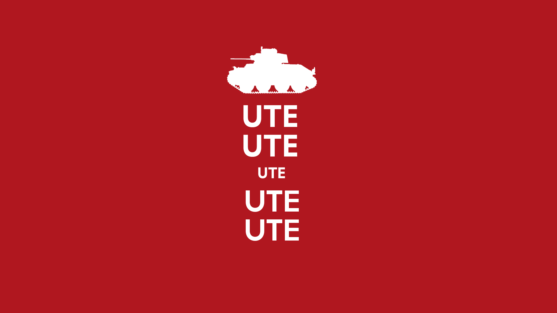 Minimalist red HD PC desktop wallpaper featuring a white tank silhouette and UTE text, inspired by the anime Girls und Panzer.