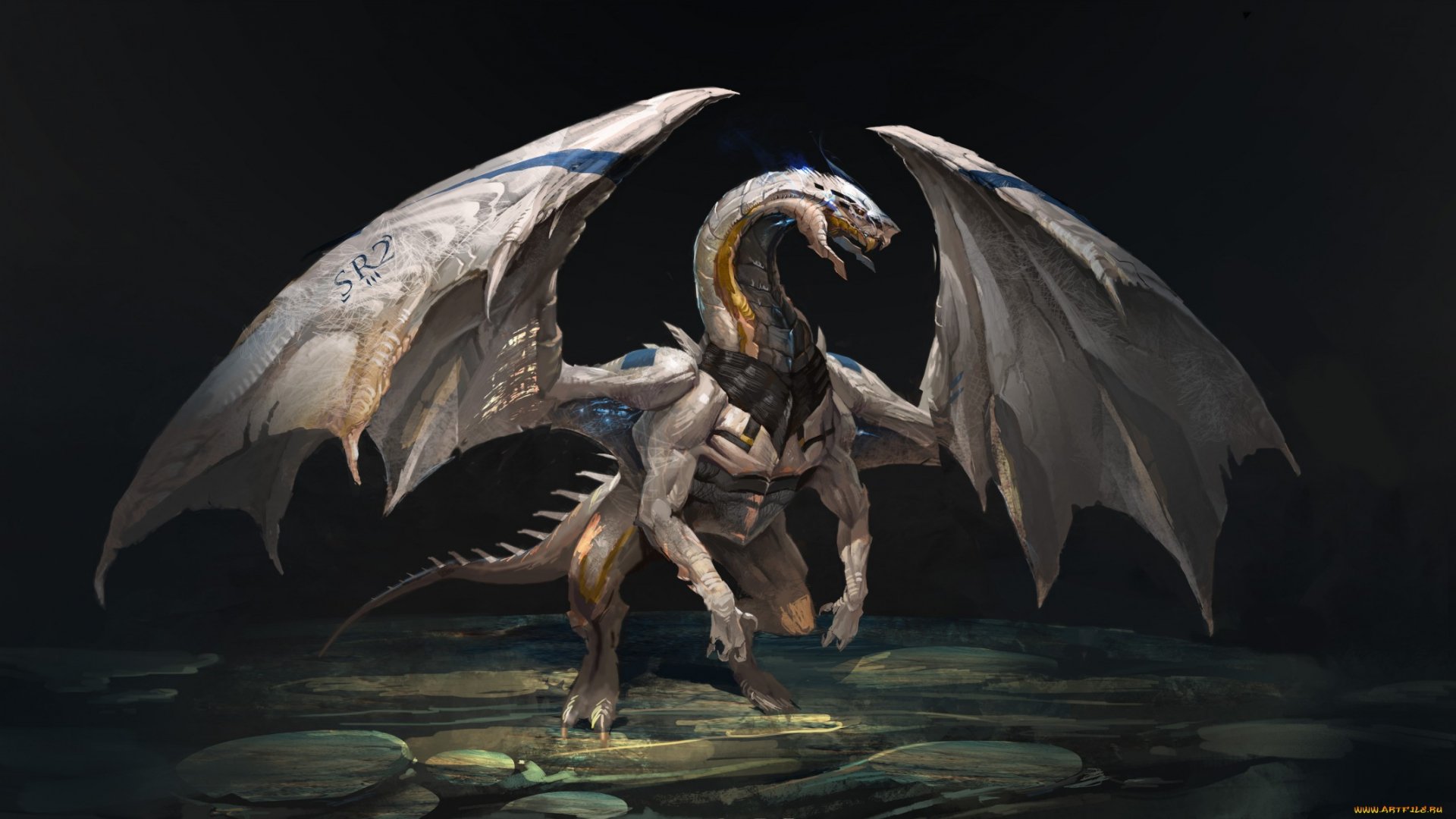 HD PC desktop wallpaper featuring a fantasy dragon with metallic wings and armor standing on a stone floor in a dark, mystical environment.