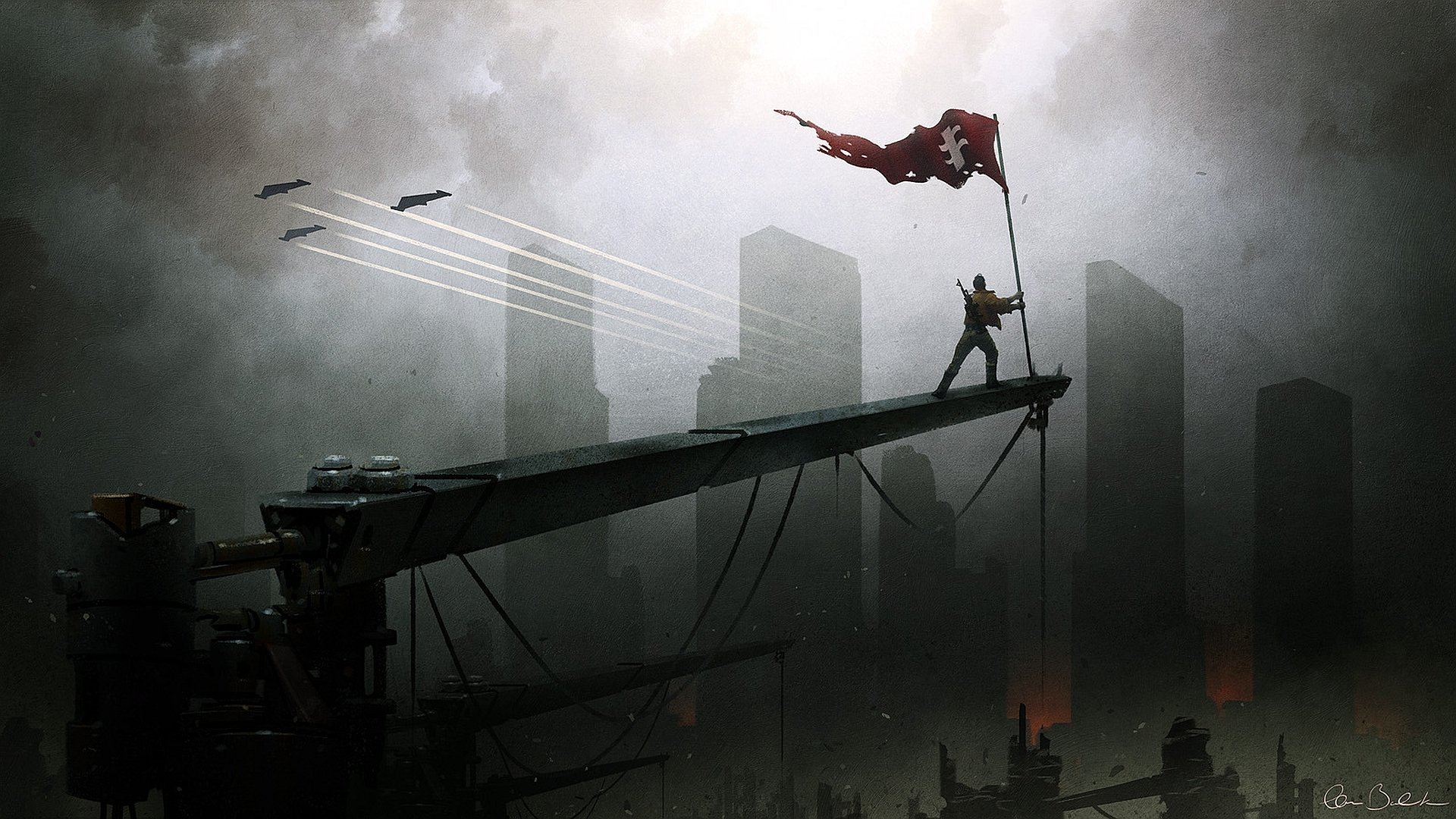 A sci-fi warrior stands triumphantly on a crane, waving a red flag against a backdrop of dark, looming skyscrapers and streaking missiles, creating a striking HD desktop wallpaper.