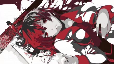 A striking HD desktop wallpaper featuring Hitagi Senjōgahara from the Monogatari series, showcasing her distinctive red hair and iconic outfit against a bold, artistic backdrop.