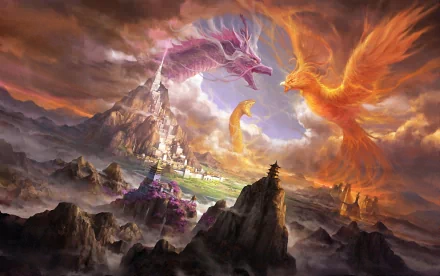 HD fantasy desktop wallpaper featuring a battle between a phoenix and a dragon over a majestic castle city, with a snake against a dramatic sky.