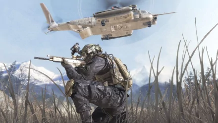 A soldier crouches with a sniper rifle, poised for action, as a helicopter flies above. This HD desktop wallpaper captures an intense moment from the Call of Duty video game.