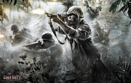 HD PC desktop wallpaper featuring intense combat scenes from the Call of Duty video game, showcasing soldiers in action amidst a smoky, jungle battlefield.
