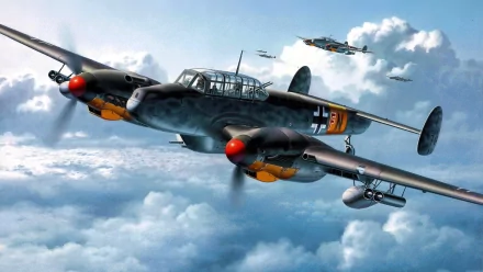 A Messerschmitt Bf 110 soars through a cloud-filled sky, showcasing its military design with distinctive markings and armament, serving as a striking HD desktop wallpaper.