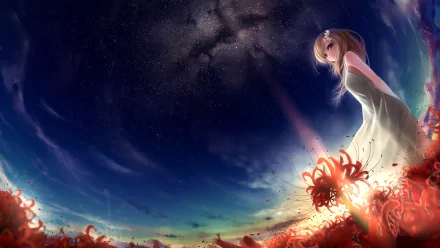 Anime girl with long blonde hair in a white dress stands amidst vibrant red flowers under a starry night sky. This HD wallpaper captures a serene, mystical night.