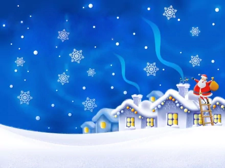 HD PC desktop wallpaper featuring Santa Claus on a snowy rooftop with glowing holiday lights and snowflakes falling against a vibrant blue Christmas night sky.