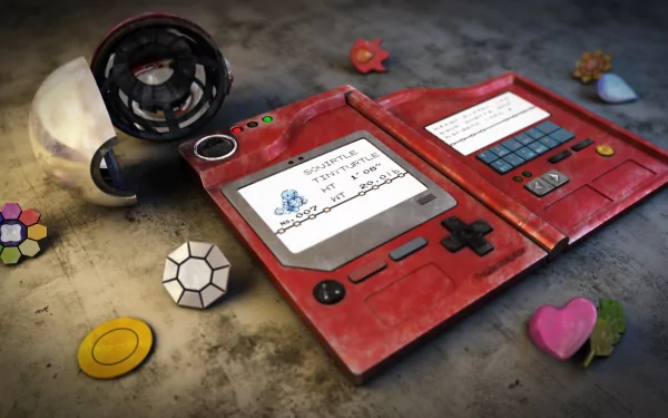A vibrant HD wallpaper featuring a Pokédex with Squirtle’s entry and a Poké Ball, showcasing elements from the classic video game Pokémon: Red and Blue.