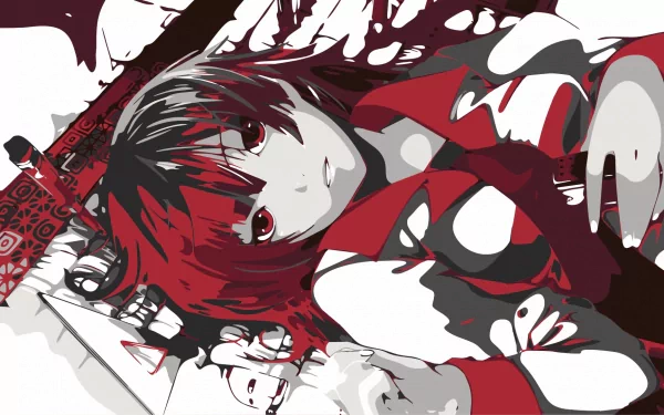A striking HD desktop wallpaper featuring Hitagi Senjōgahara from the Monogatari series, showcasing her distinctive red hair and iconic outfit against a bold, artistic backdrop.