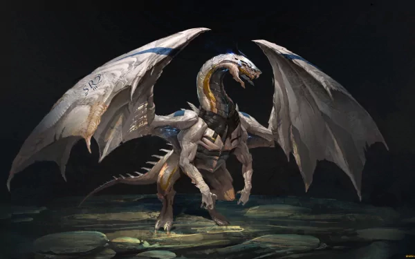 HD PC desktop wallpaper featuring a fantasy dragon with metallic wings and armor standing on a stone floor in a dark, mystical environment.