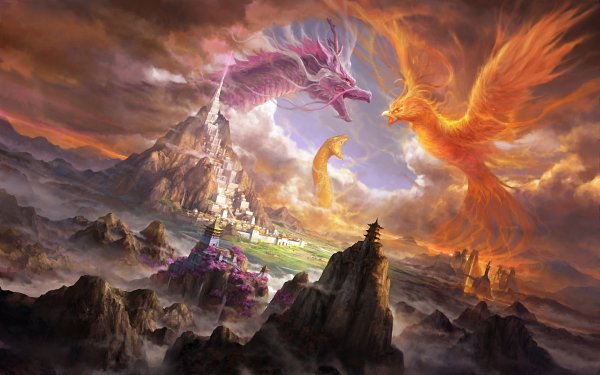 Fantasy Dragon Snake Bird City Battle Castle Phoenix HD Wallpaper | Background Image