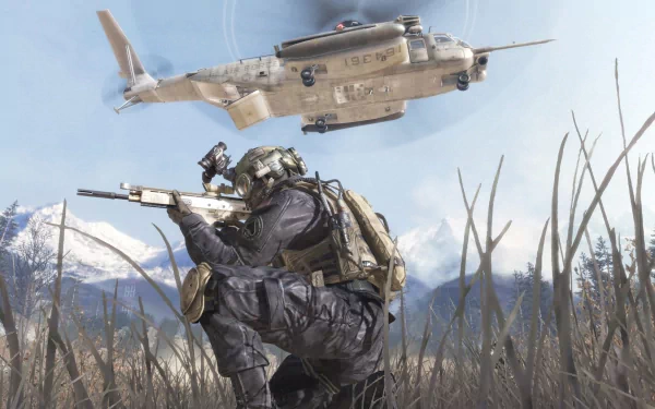 A soldier crouches with a sniper rifle, poised for action, as a helicopter flies above. This HD desktop wallpaper captures an intense moment from the Call of Duty video game.