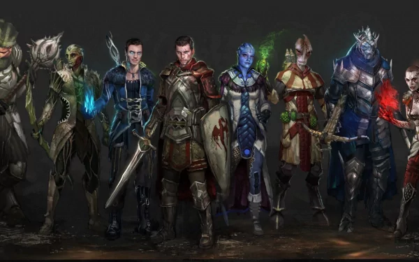 An HD PC desktop wallpaper featuring characters from the Mass Effect video game, showcasing a diverse lineup of warriors with unique powers and armor designs.