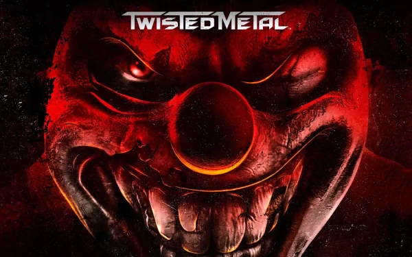 HD desktop wallpaper featuring a menacing clown face from the video game Twisted Metal, with bold colors and intense expressions, enhancing the game's dark, chaotic theme.