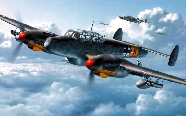 A Messerschmitt Bf 110 soars through a cloud-filled sky, showcasing its military design with distinctive markings and armament, serving as a striking HD desktop wallpaper.