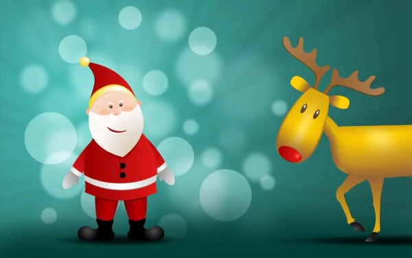 A cheerful Santa stands beside a friendly reindeer against a vibrant, bokeh background, embodying the festive spirit of Christmas and holiday celebrations.