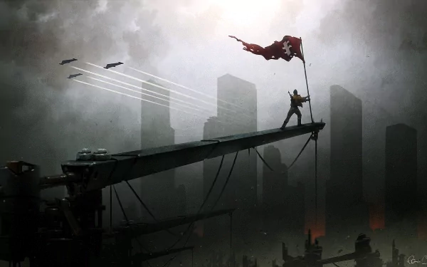 A sci-fi warrior stands triumphantly on a crane, waving a red flag against a backdrop of dark, looming skyscrapers and streaking missiles, creating a striking HD desktop wallpaper.