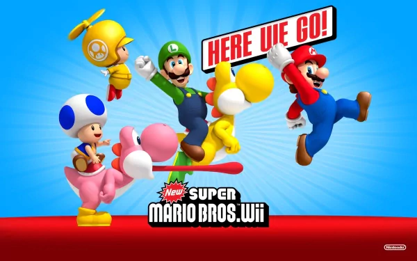 Colorful characters from New Super Mario Bros. Wii, including Mario, Luigi, Toad, and Yoshi, jump joyfully against a bright blue background, captioned HERE WE GO!