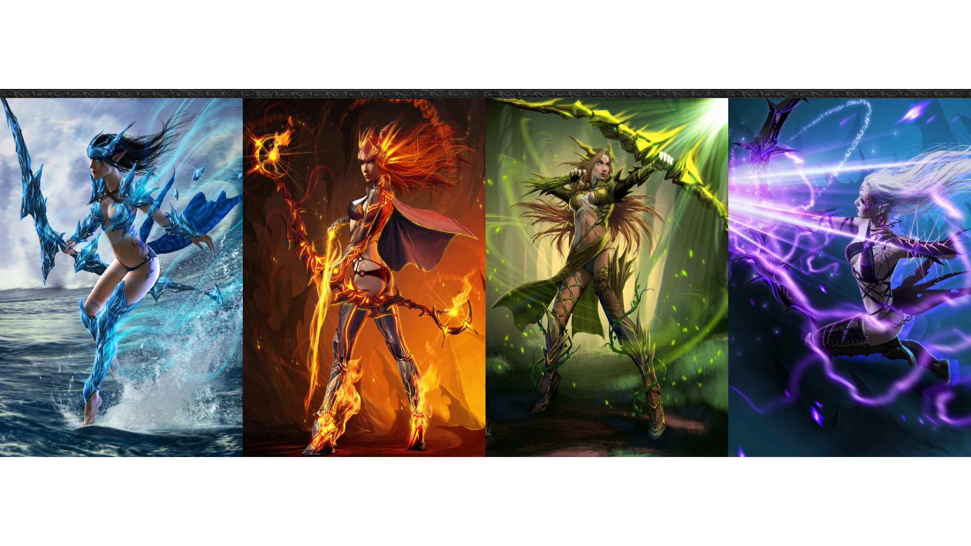 A vibrant HD desktop wallpaper featuring four fantasy characters embodying elemental powers—water, fire, nature, and lightning—set against a dynamic hellfire backdrop.