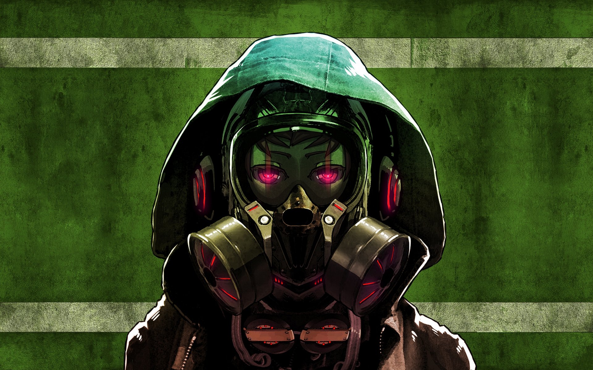 HD dark-themed PC desktop wallpaper featuring a mysterious figure wearing a gas mask with glowing purple eyes and a green hood against a grunge green background.