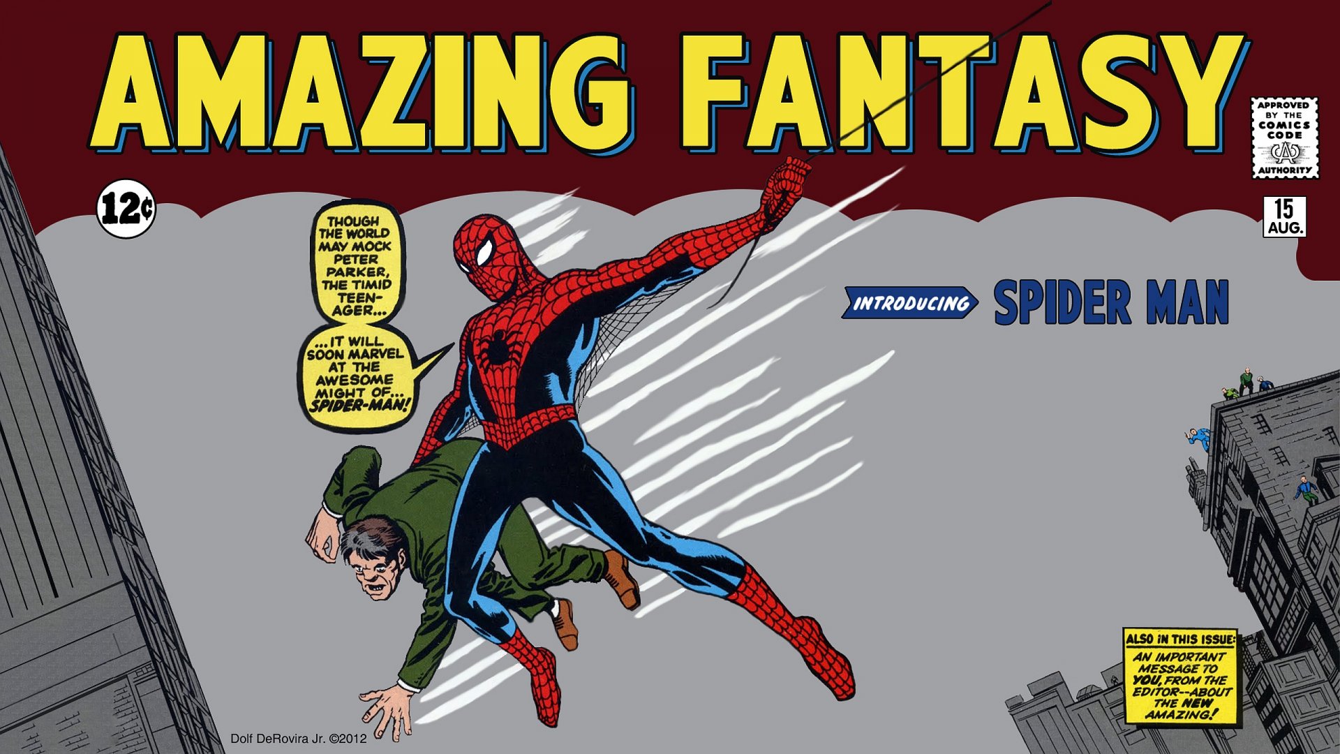 HD PC desktop wallpaper featuring a classic comic cover of Spider-Man swinging through the city, titled Amazing Fantasy.