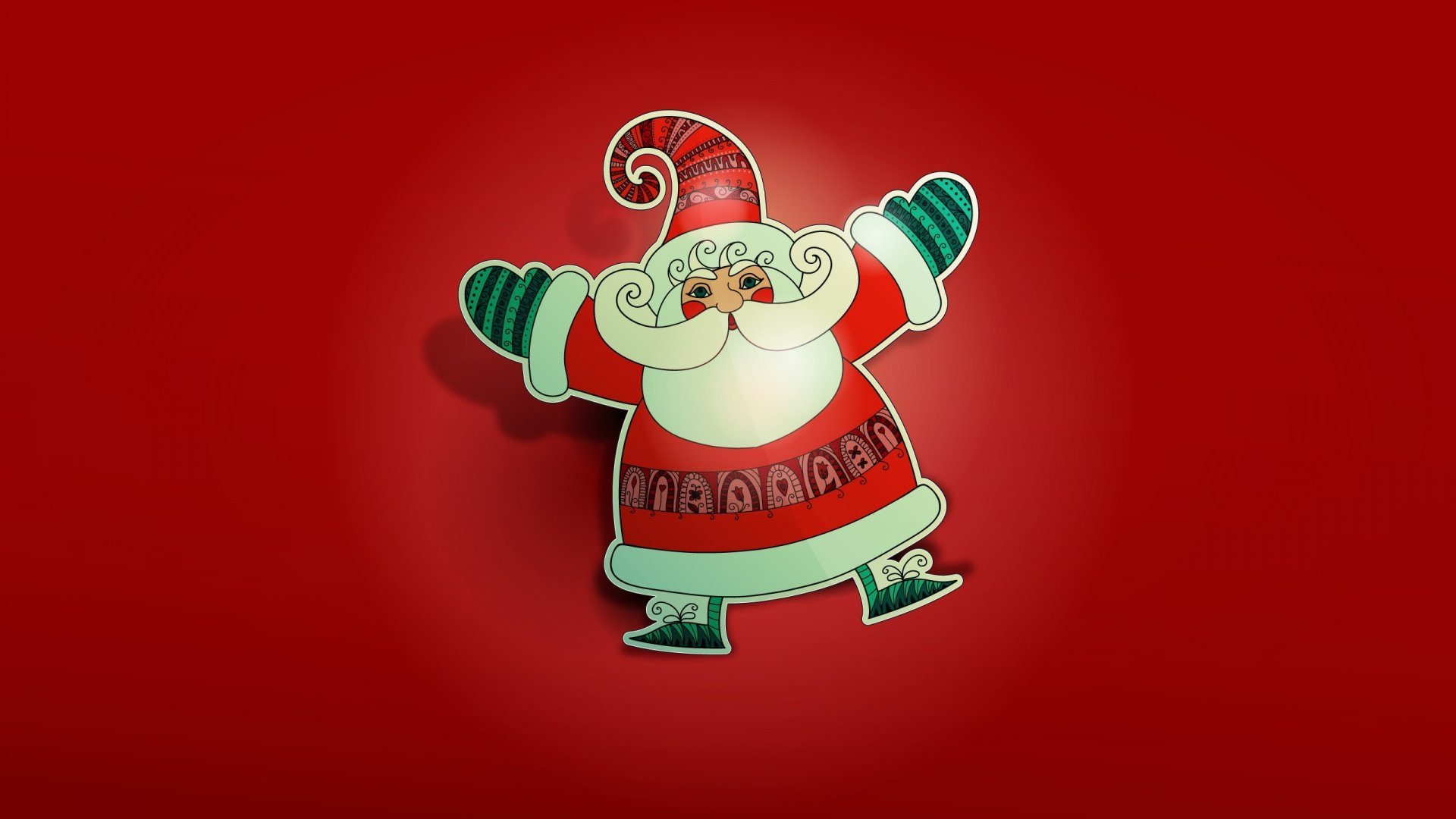 HD Christmas desktop wallpaper featuring a cheerful Santa Claus illustration on a vibrant red holiday background.