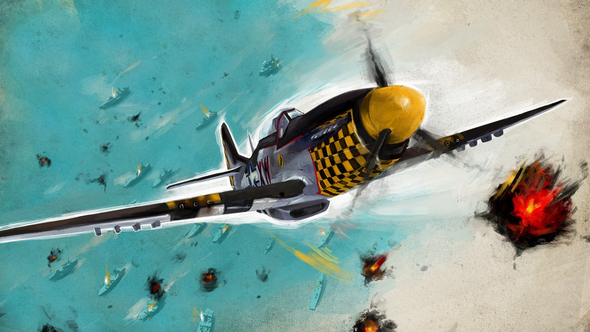 4K Ultra HD military aircraft artwork showing a fighter plane with a yellow nose flying amid explosions and other planes in a dynamic aerial battle scene.