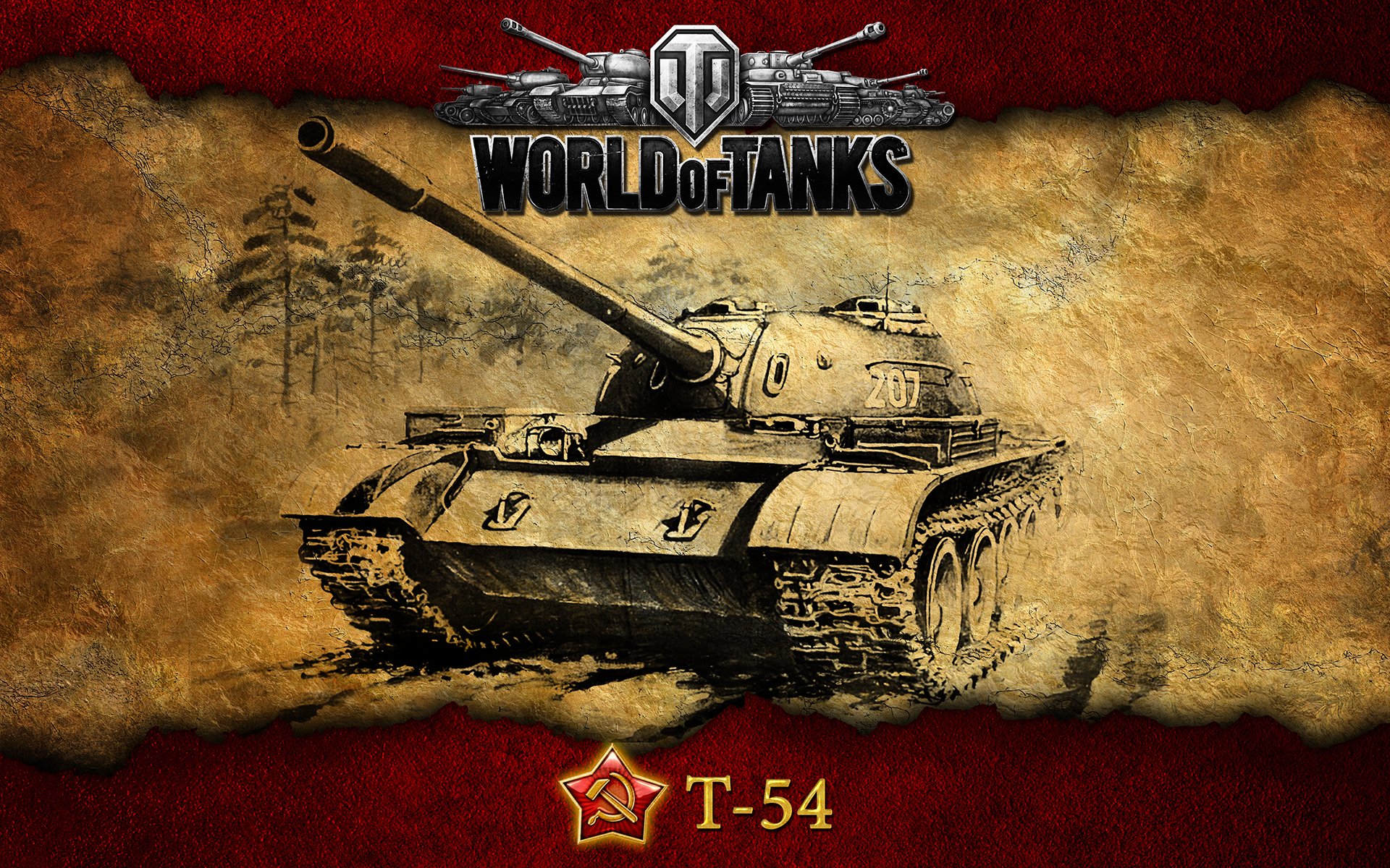 HD PC desktop wallpaper featuring the T-54 tank from the video game World of Tanks with a textured background and the game logo above.