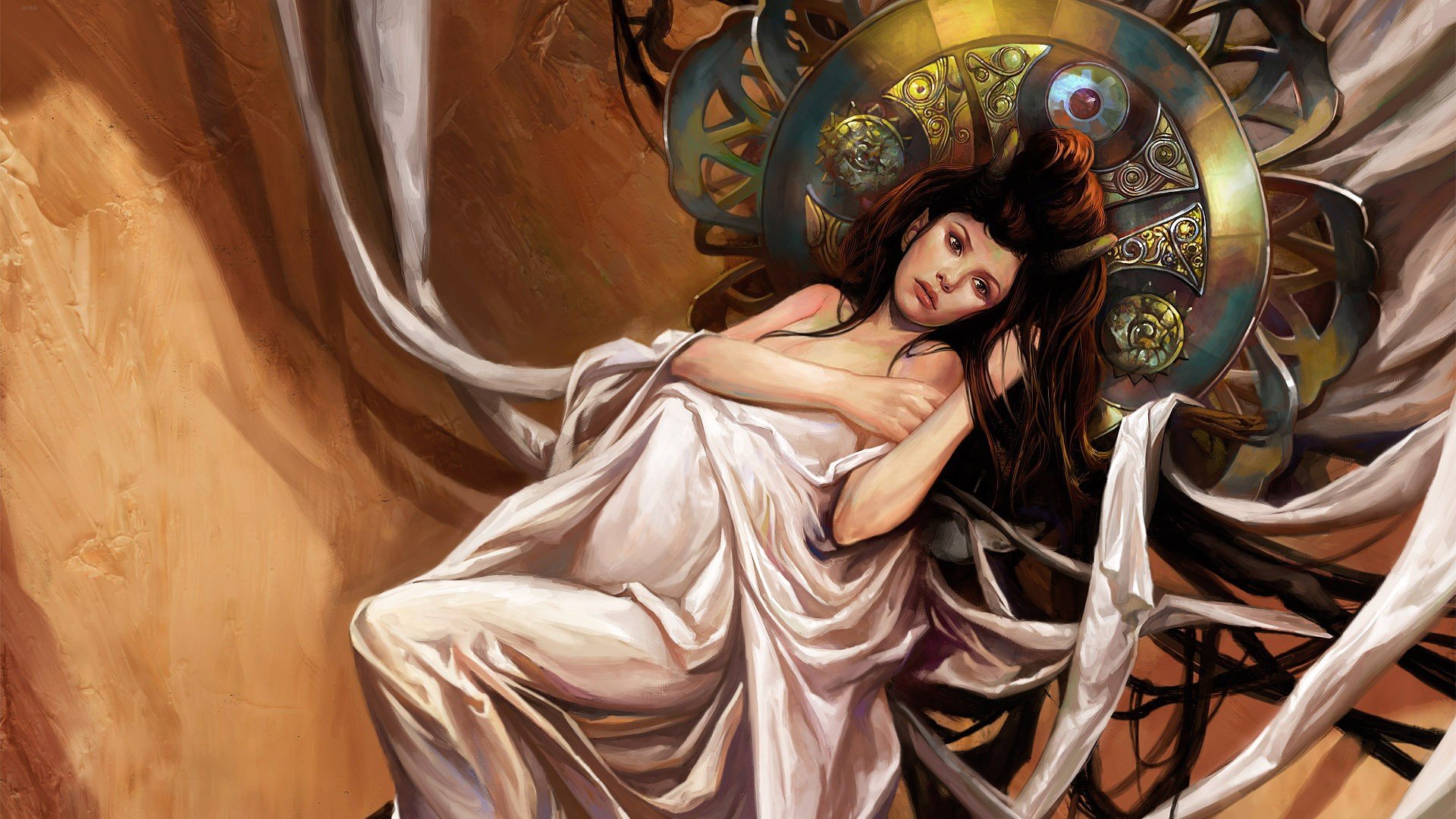 Fantasy-themed HD PC desktop wallpaper depicting a woman draped in white fabric, surrounded by intricate mechanical gears and celestial elements.