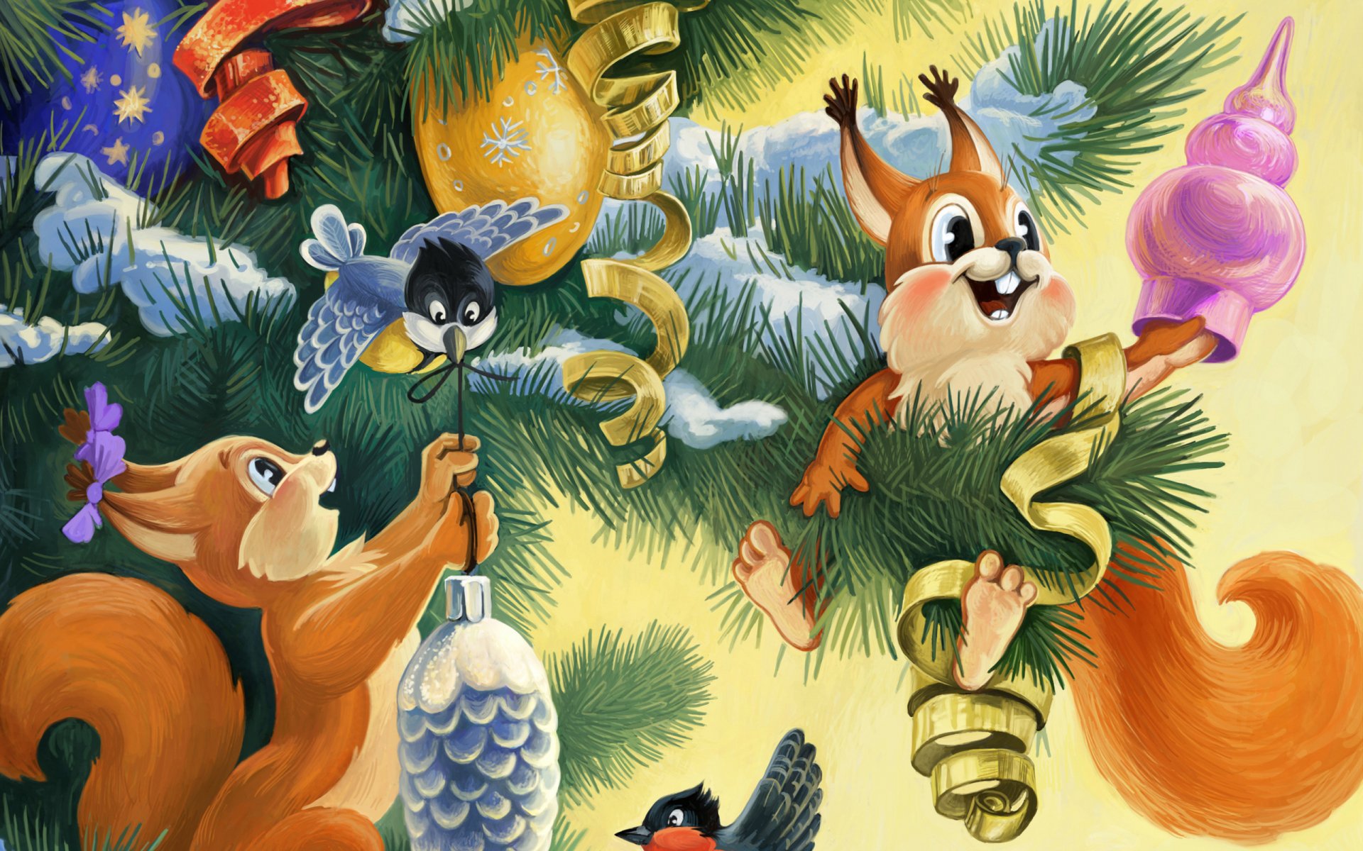Cheerful Christmas scene featuring playful squirrels decorating a festive tree with colorful ornaments and ribbons, capturing the joy of the holiday season. HD desktop wallpaper background.