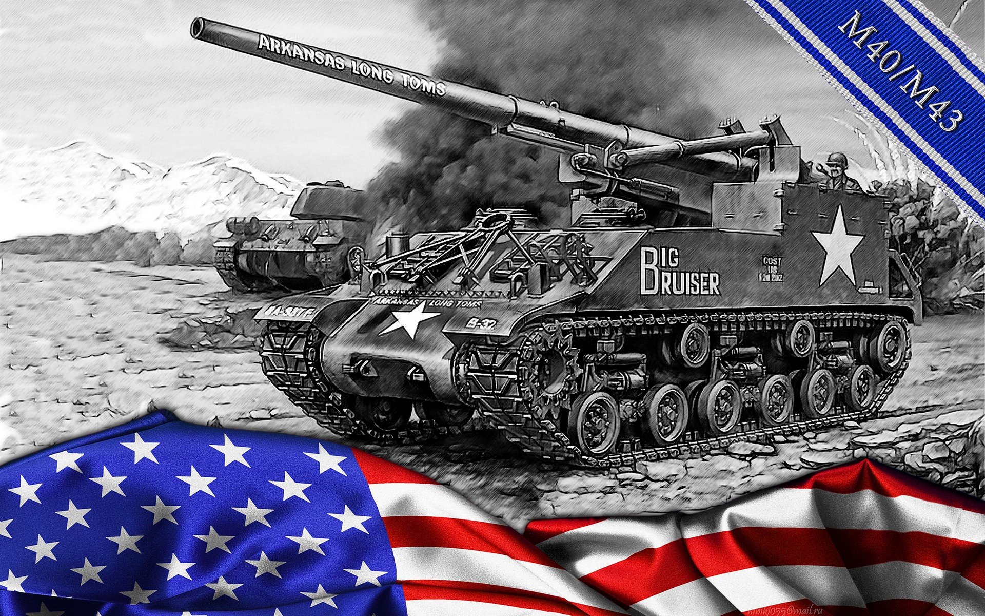 4K Ultra HD World of Tanks desktop wallpaper featuring an M40/M43 tank destroyer with American flag accents and a smoky battlefield background.