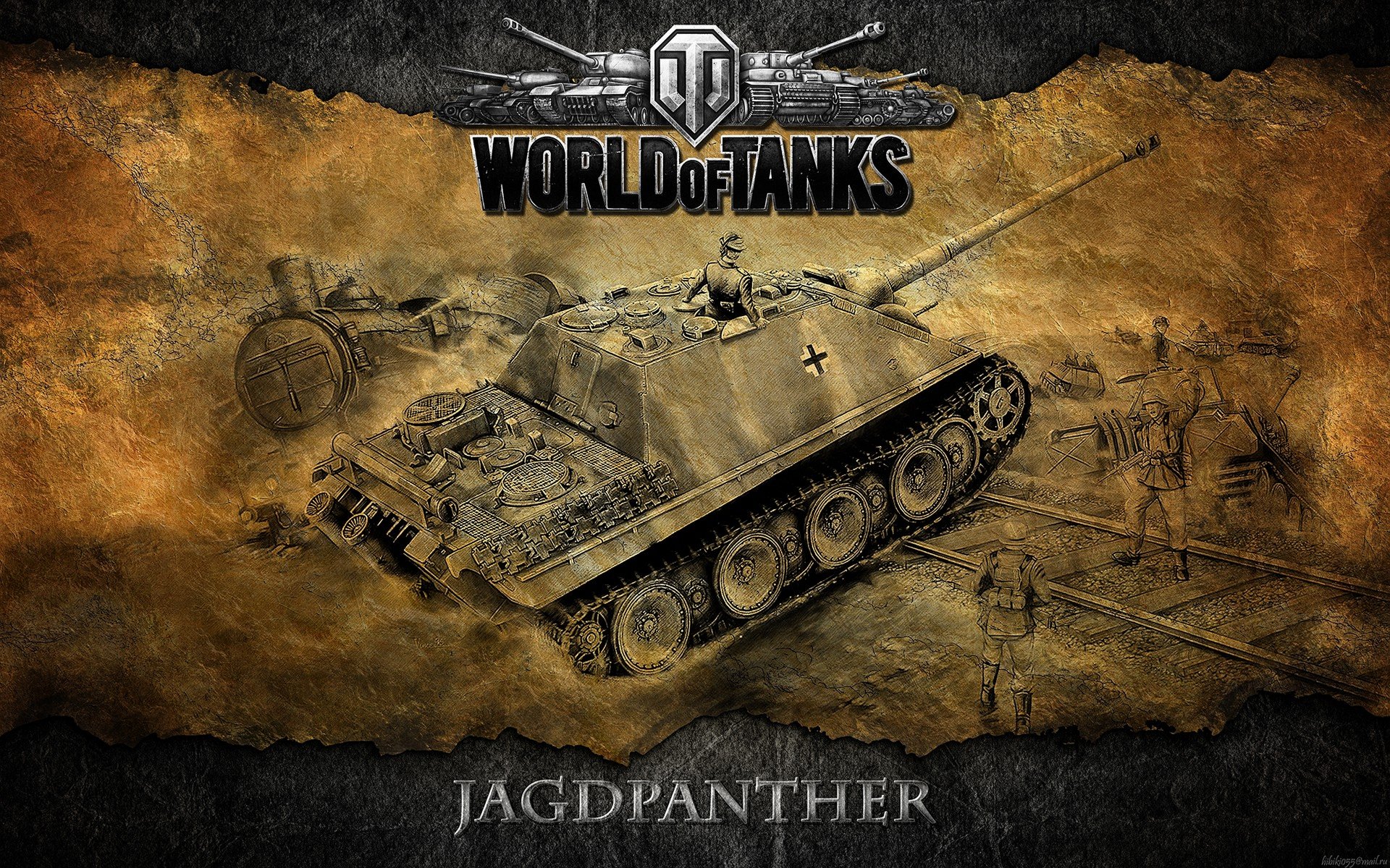 World of Tanks video game 4K Ultra HD PC desktop wallpaper/background: sepia-styled Jagdpanther tank illustration over aged parchment with World of Tanks logo and JAGDPANTHER title.