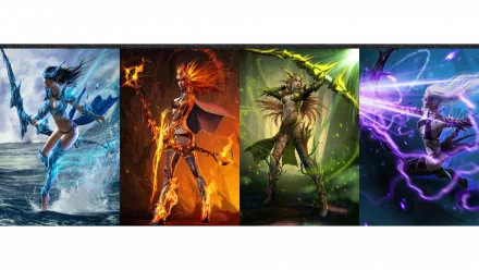 A vibrant HD desktop wallpaper featuring four fantasy characters embodying elemental powers—water, fire, nature, and lightning—set against a dynamic hellfire backdrop.