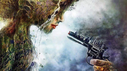 A captivating fantasy-themed HD wallpaper featuring a sylvan figure merging with nature, confronting a hand holding a gun, evoking themes of tension between humanity and the environment.