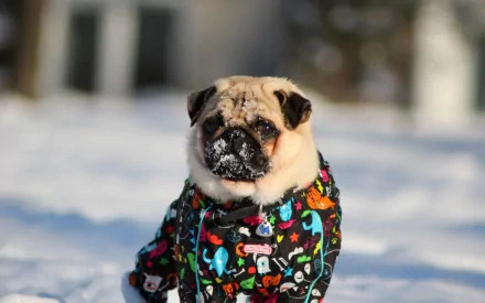 A playful pug wearing a colorful winter jacket stands in the snow, capturing the charm of this adorable animal in a vibrant HD desktop wallpaper.