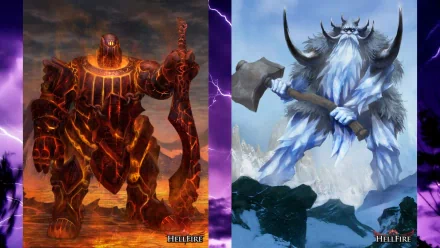 HD PC desktop wallpaper featuring a giant fiery hellfire creature on the left and a towering icy fantasy giant on the right, inspired by video game art.