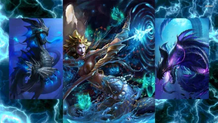 A vibrant fantasy artwork featuring a powerful sorceress wielding magic amidst swirling elements, flanked by mythical dragons, capturing the essence of hellfire in bold colors.