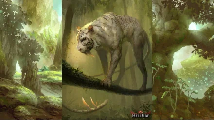 HD fantasy video game wallpaper featuring a majestic white tiger standing on a forest branch, with lush greenery and light filtering through the trees, themed around Hellfire.