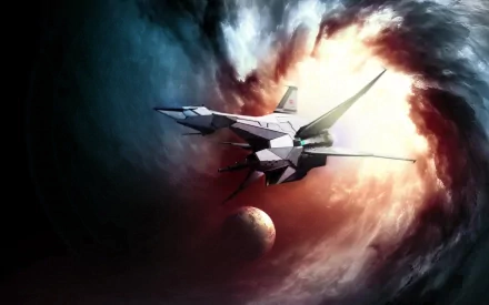 An artistic HD wallpaper featuring a sleek spacecraft from the Star Fox video game, soaring through a cosmic vortex with a distant planet in the backdrop.
